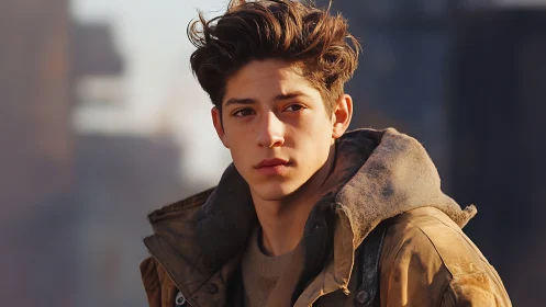 Quiet citylight portrait of a thoughtful young traveler.