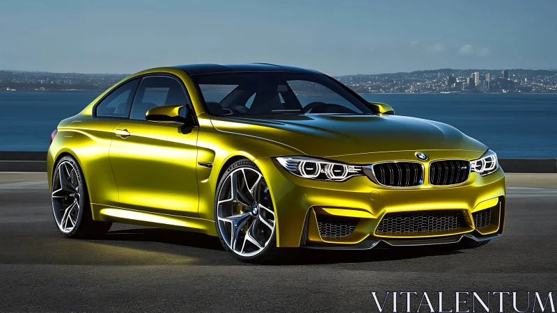 Metallic yellow BMW coupe parked on a coastal roadway at dusk
