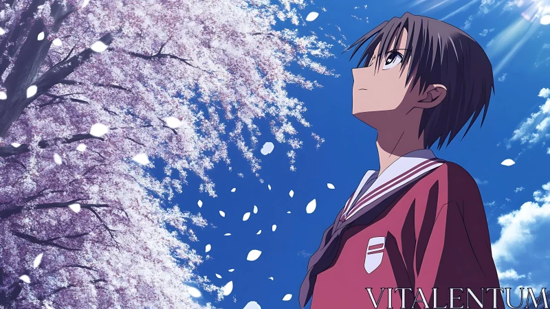 Springtime anime student under cascading cherry blossoms sky