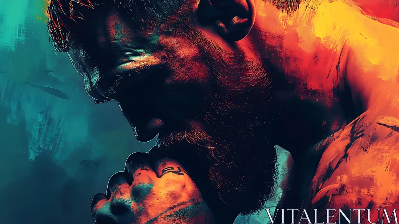 Vibrant digital portrait of pensive muscular man profile.