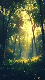 Enchanted forest path glows with golden sunlight through towering trees.