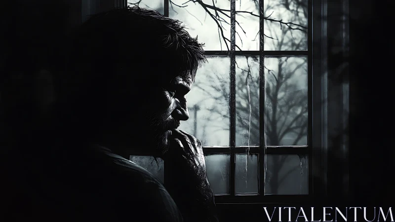 Thoughtful man by a winter window in quiet moonlit shadows.