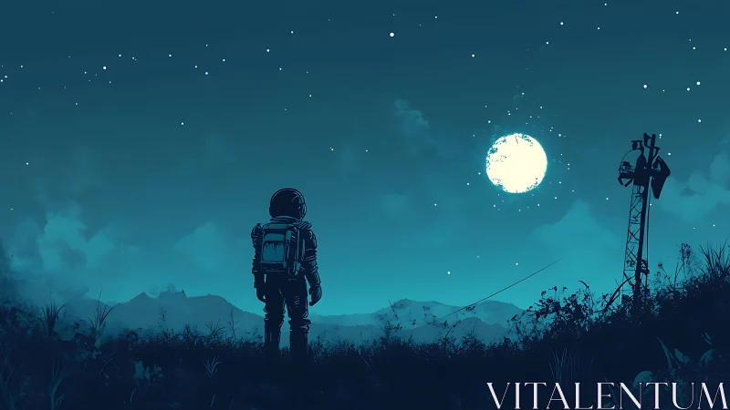 Silhouetted astronaut under lunar glow in minimalist landscape digital painting.