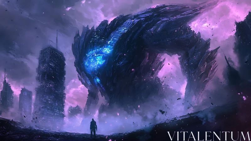 Colossal bioluminescent mech over dystopian skyline confrontation