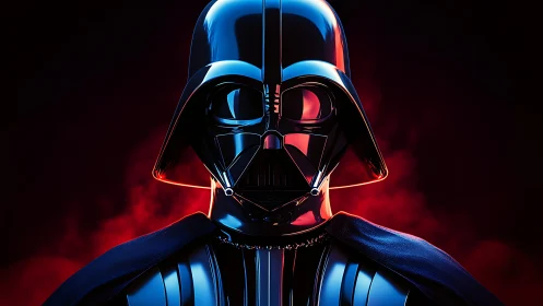 Moody sci fi villain glows against dramatic red mist.