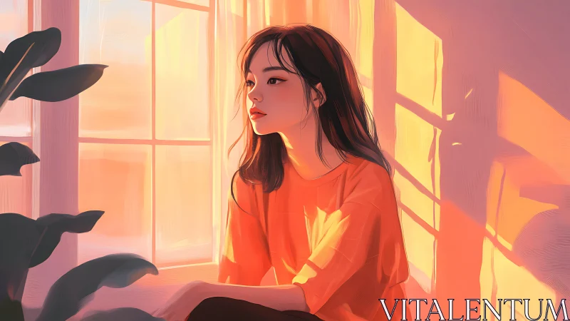 Solitary girl illuminated by warm sunset window light