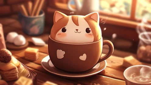 Marshmallow cafe kitten bobbing inside a heartwarm mug.