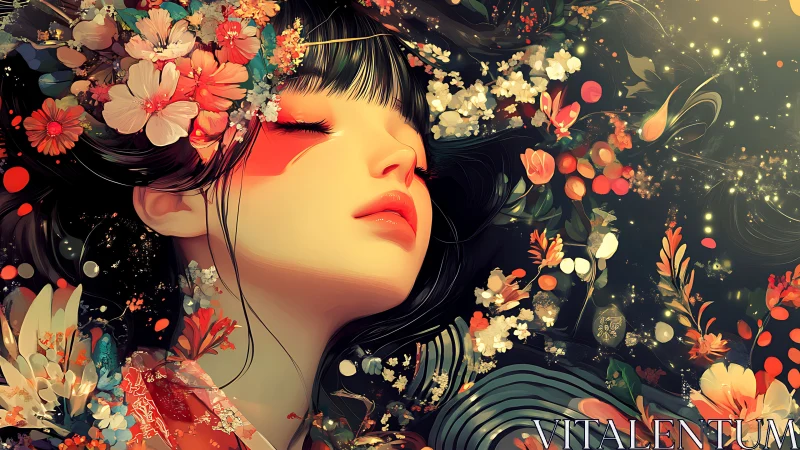 Floral dreamscape portrait with luminous geisha profile.