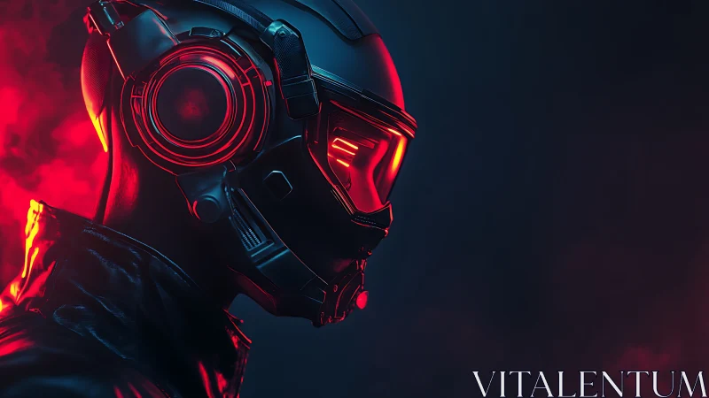 Futuristic helmeted figure in red neon side profile view.