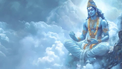 Skyborne blue deity drifts in luminous, meditative stillness