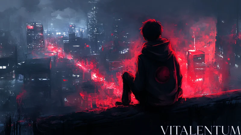 Cyberpunk rooftop silhouette over neon arterial cityscape.