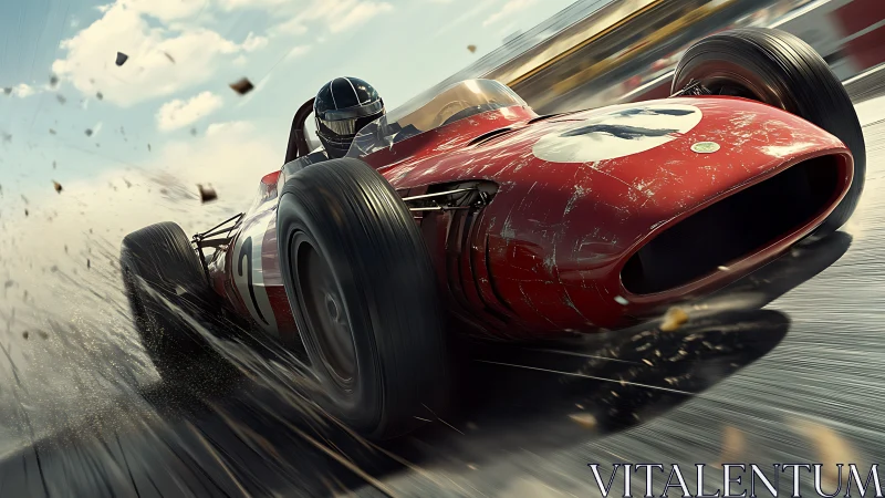 Red vintage race car powers through fast cornering action.