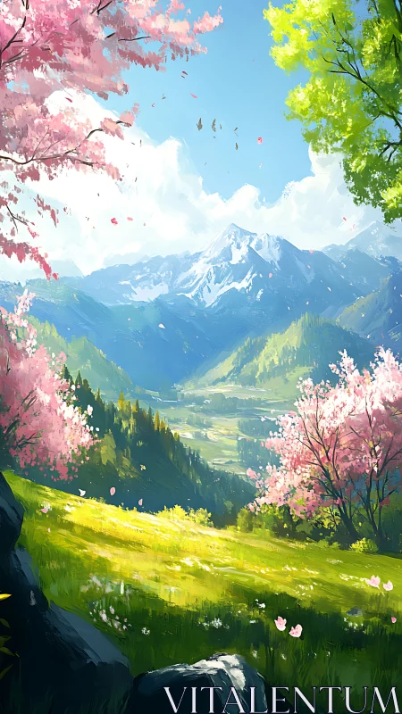 Mountain valley landscape shows spring meadow with blossoms