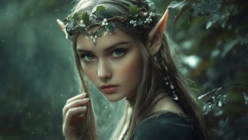 Elf woman portrait in misty green forest with leaf crown.