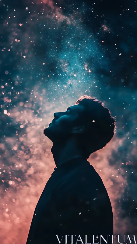 Silhouetted human profile against nebular particulate cosmos field.