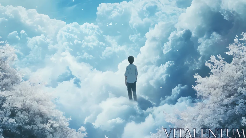 Solitary boy suspended above luminous dreamlike clouds.
