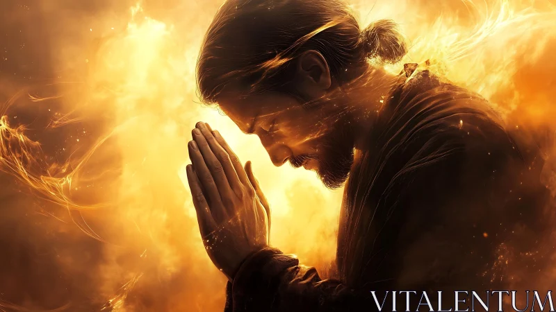 Praying figure immersed in golden flame-lit atmosphere.