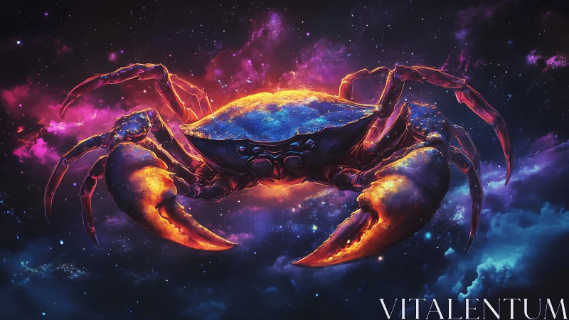 Cosmic crab glows against nebula clouds in deep space