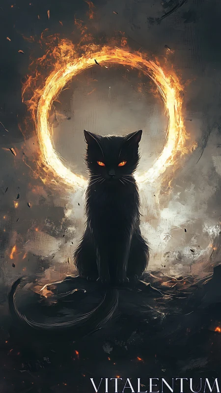 Mystic black cat sits calmly within a blazing fiery halo
