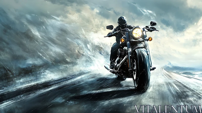 Dynamic rider powers motorcycle through storm-swept highway