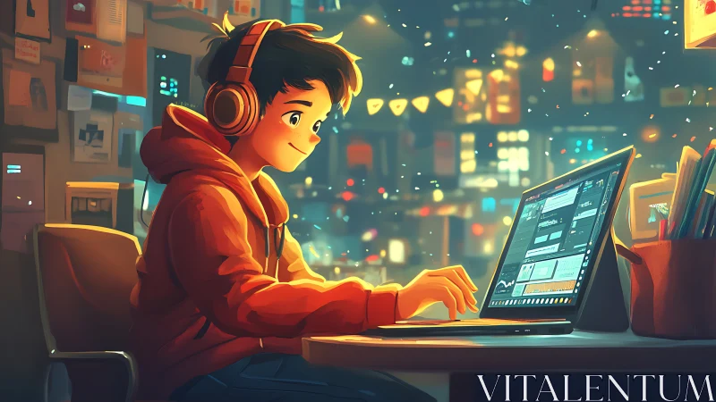 Focused teen at dual-mode laptop in stylized neon workspace