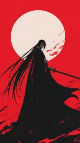 Silhouetted swordsman stands before circular backlit horizon