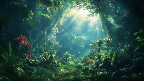 Tropical Forest Interior with Filtered Sunlight.