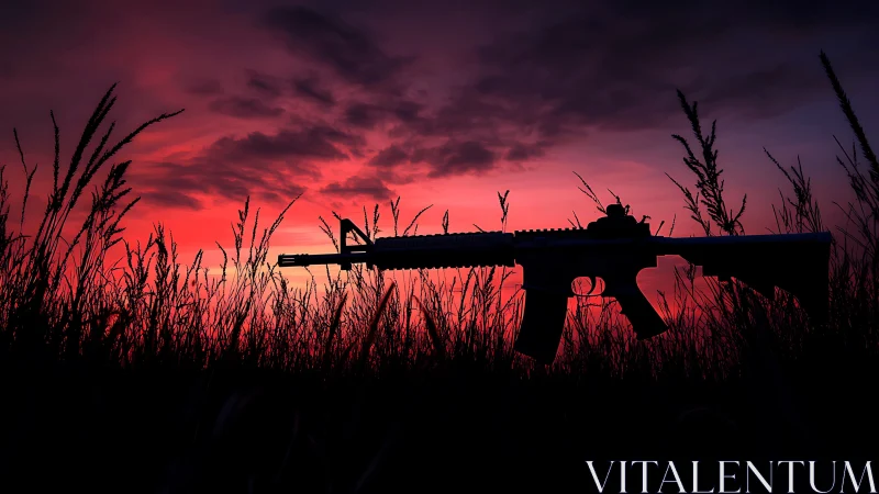 Crimson twilight crowns a lone rifle in whispering grass