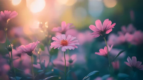 Pink Gerberas Glowing in Golden Afternoon Light.