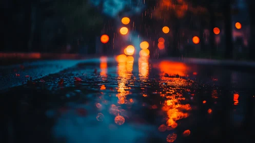 Urban street puddle with raindrops and blurred light reflections.