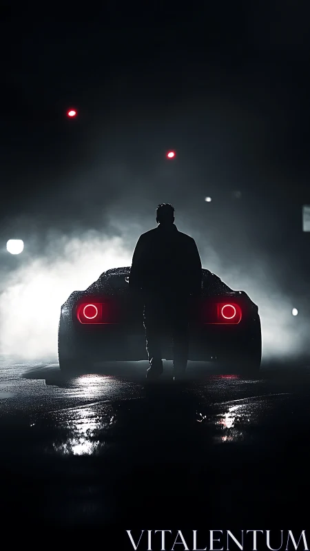 Silhouetted man stands before sports car in misty night street.