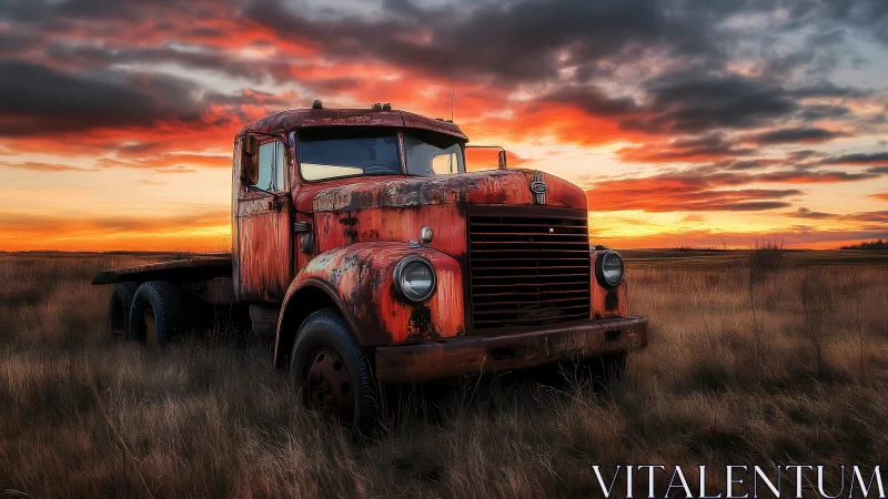 Rust-touched truck dreaming under wildfire prairie sunset.