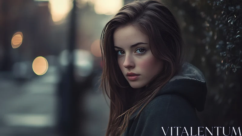 Hooded dusk wanderer with quiet city lights behind her.