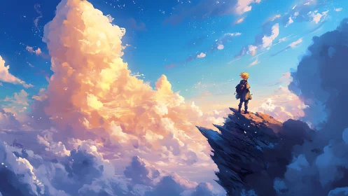 Solitary skyward explorer on serrated cloudside precipice.