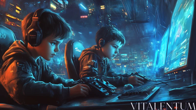 Focused twin boys gaming in neon lit cyber city room.