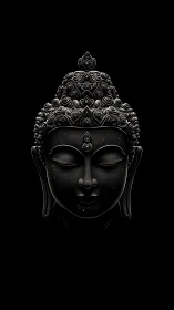 Monochrome frontal Buddha head rendered on black background