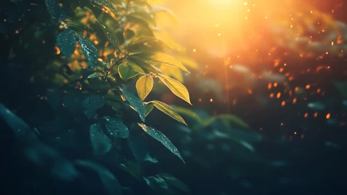 Backlit forest leaves catch warm sunrise glow and drifting dust