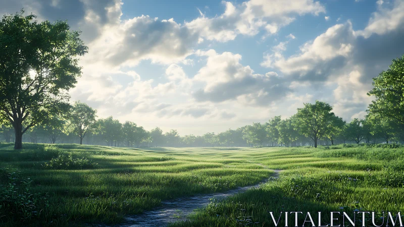 Sunlit meadow waves and wandering path under roaming clouds.