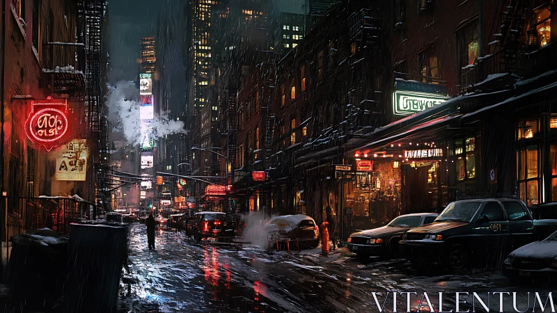 Neon rainlit alley holds a humming midnight city heartbeat.