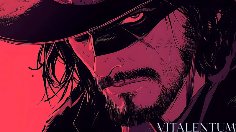 Masked outlaw close-up in bold pink comic style.