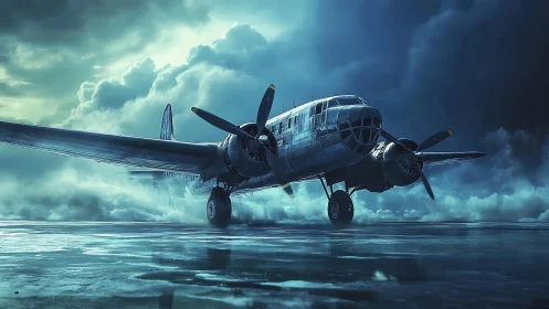 Stormlit vintage bomber rests on reflective wet runway.