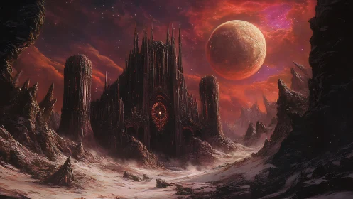 Alien citadel on crimson world under looming planet.