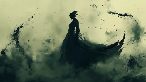 Silhouetted robed figure standing amid swirling dark mist.