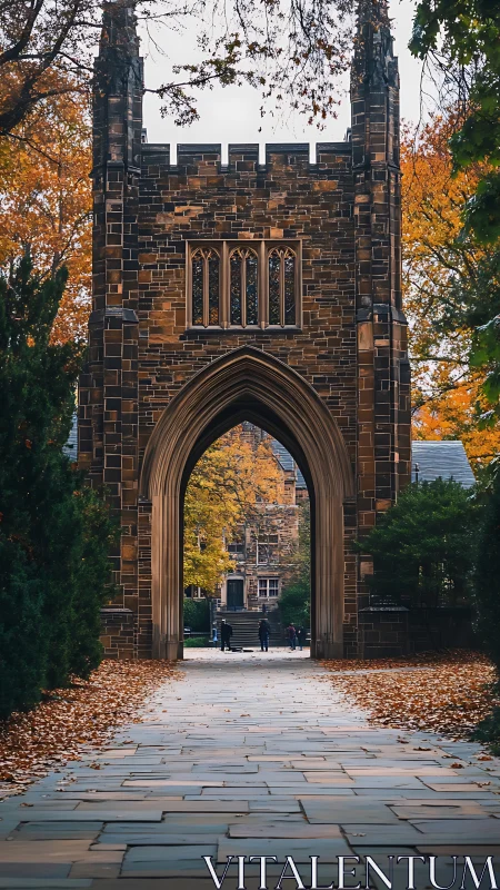 Gothic stone archway on campus framed by autumn foliage.