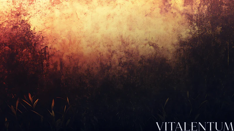 Sunlit grunge wall with dark foliage silhouette base.