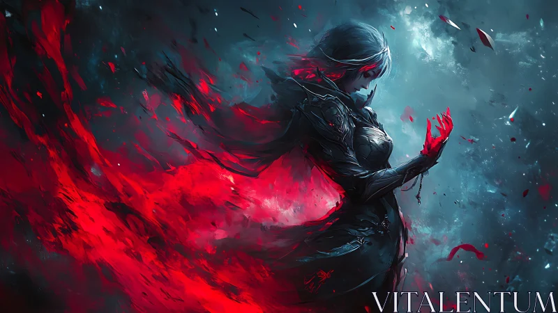 Armored figure with red energy against blue abstract field.