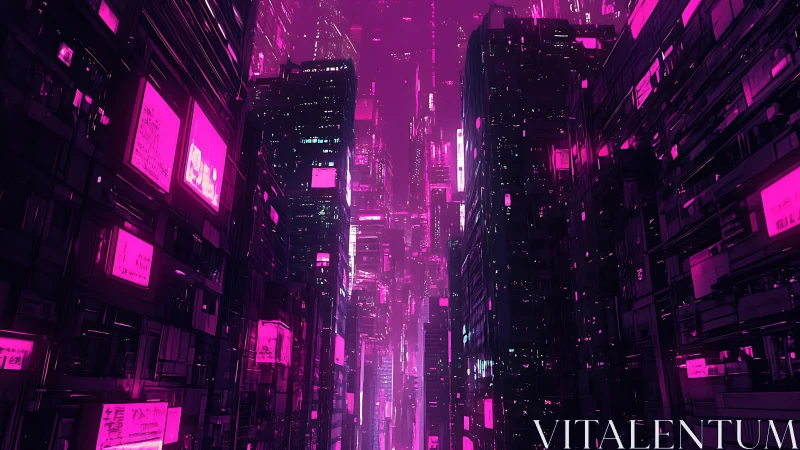 Neon canyon of cyberpunk towers in magenta haze at night.