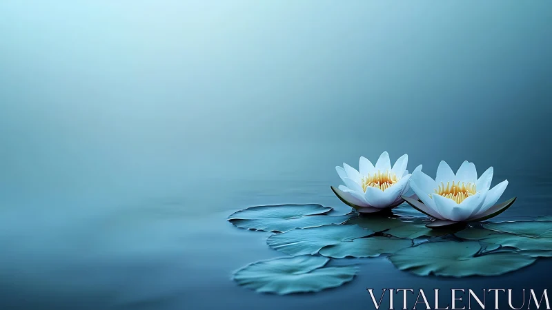 White water lilies rest on calm blue water surface