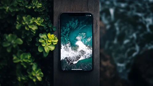Smartphone displaying aerial ocean waves on wooden post.