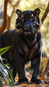 Black tiger stands on forest floor with focused forward gaze
